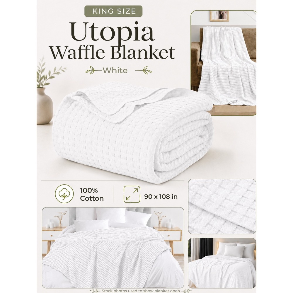 Utopia Waffle Blanket King White 100% Cotton Breathable Soft Bedding New